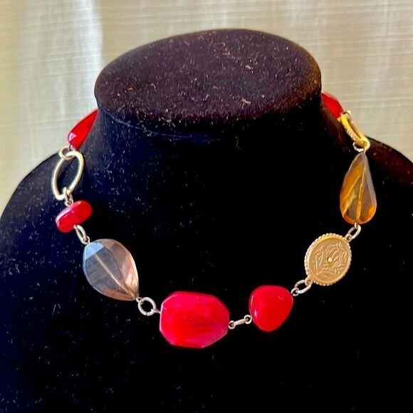 Red and Brown Gem and Gold Tone Coin Choker Necklace - Picture 1 of 4